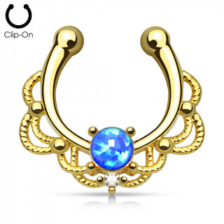 Faux piercing septum doré à design cordage sertie d'une Opale bleue