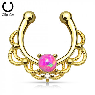 Faux piercing septum dor  design cordage sertie d'une Opale rose