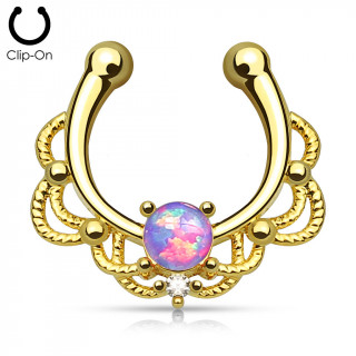 Faux piercing septum doré à design cordage sertie d'une Opale violette