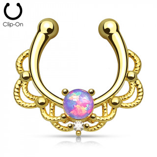 Faux piercing septum dor  design cordage sertie d'une Opale violette