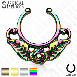 Faux piercing septum en acier dcor d'une rose avec ses feuilles