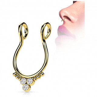 Faux piercing septum en acier Doré trinités de strass et perles