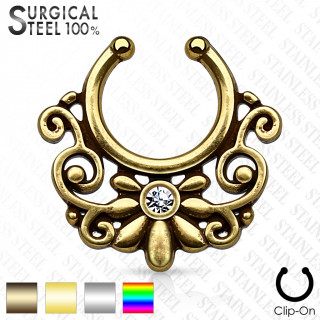 Faux piercing septum en acier style tribal  fleur et spirales