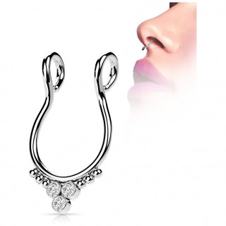 Faux piercing septum en acier trinités de strass et perles