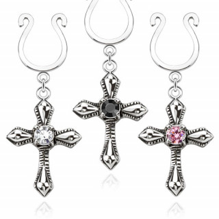Faux piercing téton avec pendentif croix sertie