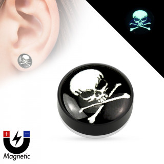 Faux plug d'oreille avec tte de mort pirate fluo (magntique - sans perage)