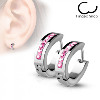 Fines boucles d'oreilles en acier  7 cristaux roses (paire)