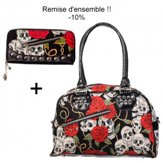 Ensemble Sac  main + Portefeuilles goth-rock Banned "Skull Roses"