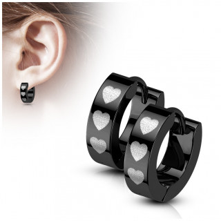 Boucles d'oreilles noires croles en acier  coeurs argents