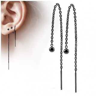 Chaines d'oreilles noires en acier  barre et boule suspendues (paire)