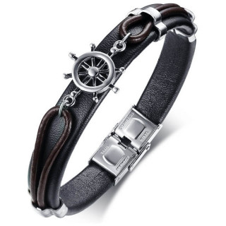 Bracelet homme similicuir noir et marron  roue nautique en acier