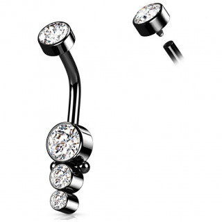 Piercing nombril acier Noir à cascade de strass perlée (filetage interne)