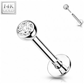 Piercing labret boule zirconium en Or Blanc 14 carats type "Push In"