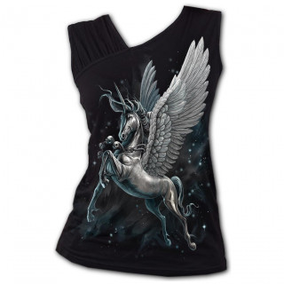 Débardeur femme à bretelle oblique Licorne Ailée avec collier de crânes