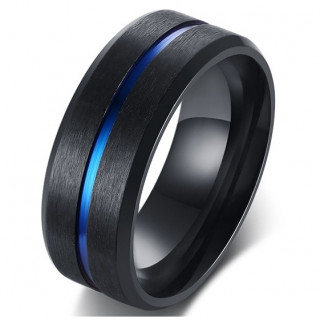 Bague homme noire en acier traverse d'une ligne bleue