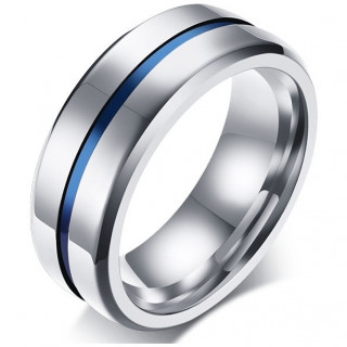 Bague homme en acier traverse d'une ligne bleue