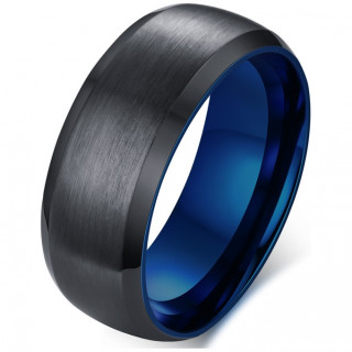 Bague homme noire en acier  bords biseauts bleus