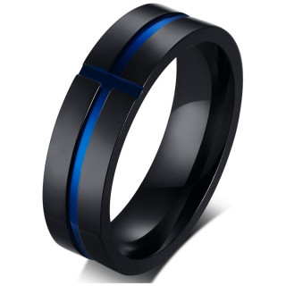 Bague homme noire en acier  croix creuse bleue