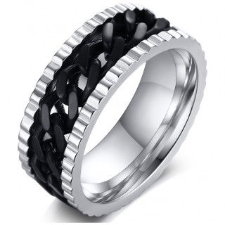 Bague homme crantée en acier à chaine noire