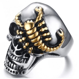 Bague homme punk-rock en acier  tte de mort et scorpion