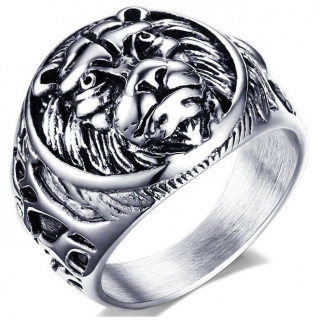 Bague homme en acier à tête de lion cerclée