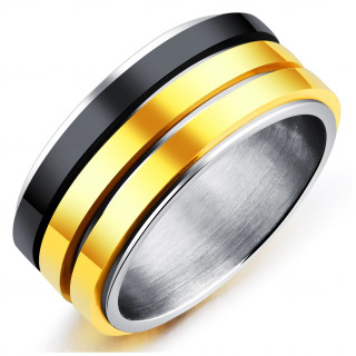 Bague homme 3-tons en acier  bandes en relief