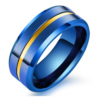 Bague homme bleue en acier à liseret doré