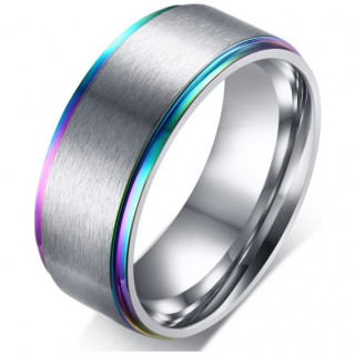 Bague homme en acier bross  bords arc en ciel