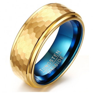 Bague homme en tungstene bleu et dor martel