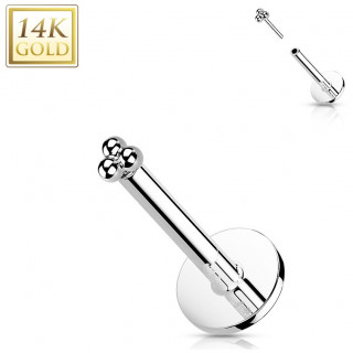 Piercing labret or blanc 14 carats  3 perles style bohmien (hlix, lvre...)