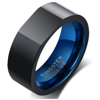 Bague homme tungstene noire à face plate et intérieur bleu
