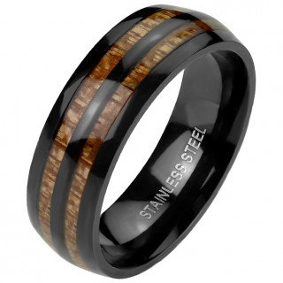 Bague homme noir en acier  lignes de bois