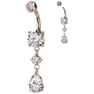 Piercing nombril cuivr double pendentif zirconiums rond et goutte
