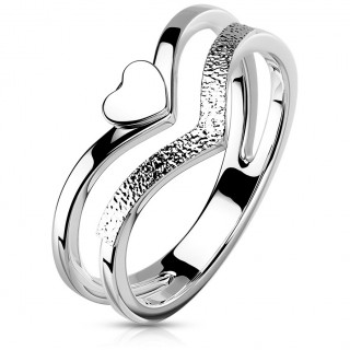 Bague femme double chevron à coeur en acier