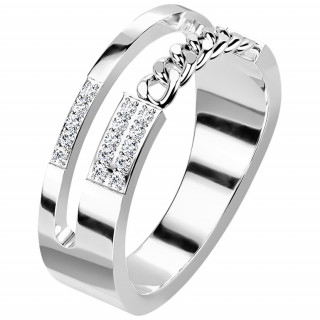 Bague femme acier à lignes de zirconiums et chaine