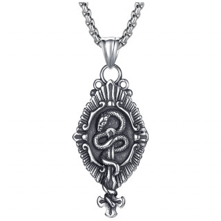Pendentif à serpent enroulé autour d'une croix inversée en acier