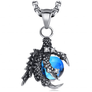 Pendentif gothique en acier avec griffe de dragon tenant un globe bleue