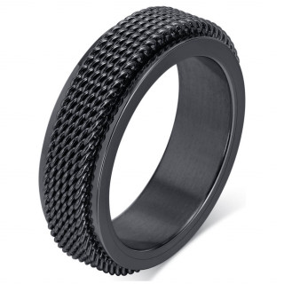 Bague homme acier noir  bandeau style cotte de mailles