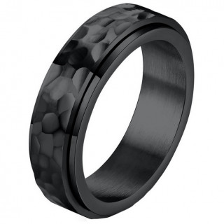 Bague homme noir acier à bandeau tournant martelé