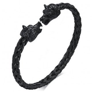 Bracelet homme noir jonc tress style viking  ttes de loups en acier
