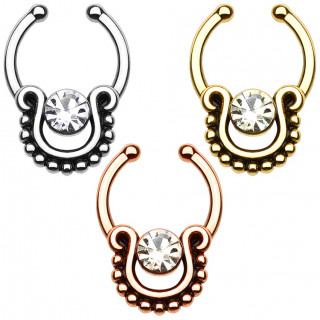 Faux piercing septum  "omga" invers perl et pierre claire