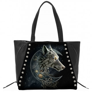 Sac  main en similicuir noir rivet avec Loup Celtique  lune en fond