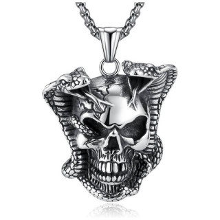 Pendentif homme acier tte de mort borde de deux serpents cobra