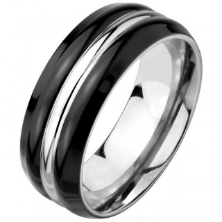 Bague homme bombe en titane noir avec ligne argente