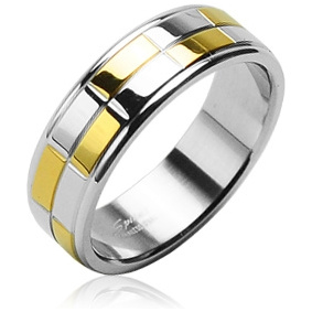 Bague mixte acier damier dor et argent