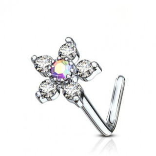 Piercing nez tige L à fleur strass claire et aurore boréale