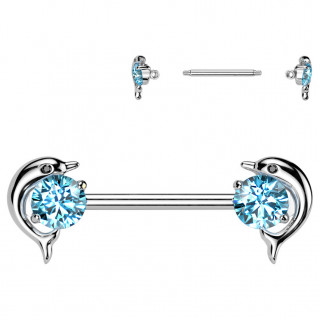 Piercing téton dauphins à zirconiums bleus