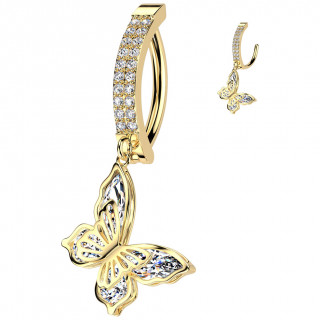 Piercing nombril clicker dor barette sertie  papillon en pendentif