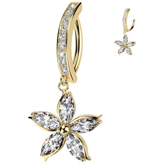 Piercing nombril clicker dor barette sertie  fleur en pendentif