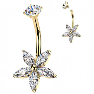 Piercing nombril dor� acier � fleur de zirconiums en marquise